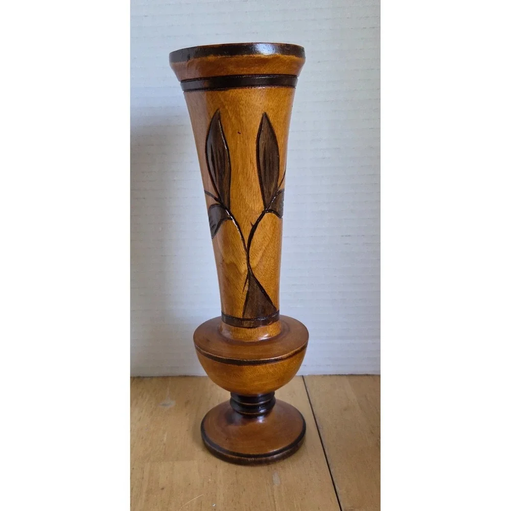 Vintage Hand Carved Turned Wooden Vase Floral and Leaf Etched Design 10 inches